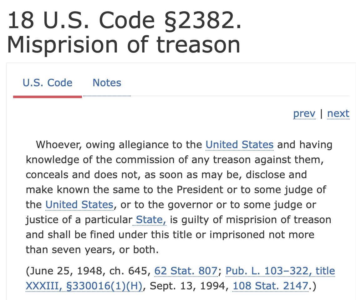 18 U.S. Code Chapter 115§ 2382 - Misprision Of Treason