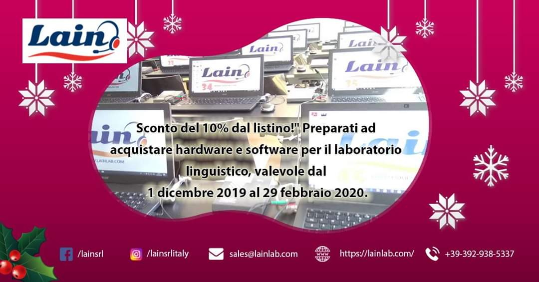 lainsrlitaly's tweet image. &quot;Sconto del 10% dal listino!&quot; Preparati ad acquistare hardware e software per il laboratorio linguistico, valevole dal 1 dicembre 2019 al 29 febbraio 2020.
#SoftwareLaboratorioLinguistico
☎️+39-392-938-5337
📩sales@lainlab.com
🌐bit.ly/2X2tX5D