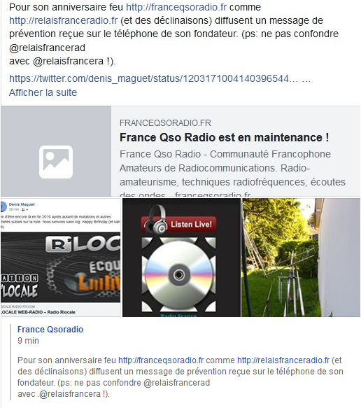 Pour son anniversaire feu franceqsoradio.fr comme relaisfranceradio.fr (et des déclinaisons) diffusent un message de prévention reçue sur le téléphone de son fondateur. (ps: ne pas confondre <a href="/relaisfrancerad/">Relais-France-Radio</a>
avec <a href="/relaisfrancera/">relais-france-radio</a> !).