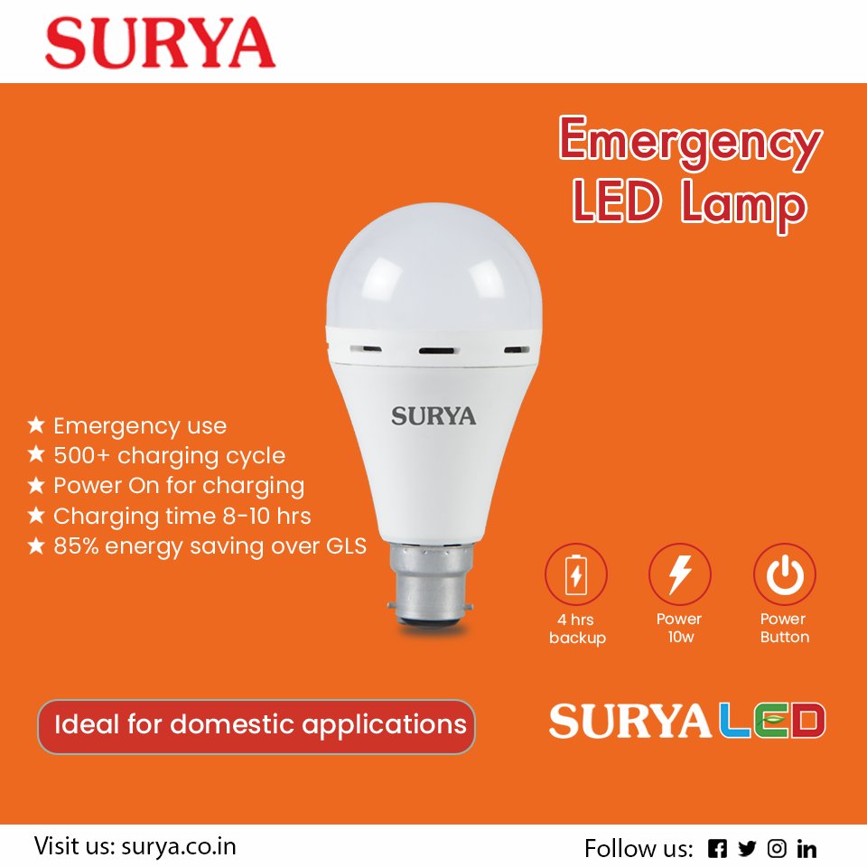 Hollow zebra forståelse Surya Roshni on Twitter: "The emergency LED lamp provides 4hrs backup and  is perfect for emergency situations! Visit us at : https://t.co/lOO9PwsF8Q # Surya #led #bulb #LEDLights #BrightIndia #BrightSolutions #SavingsLED  #No1LED #led #lighting #