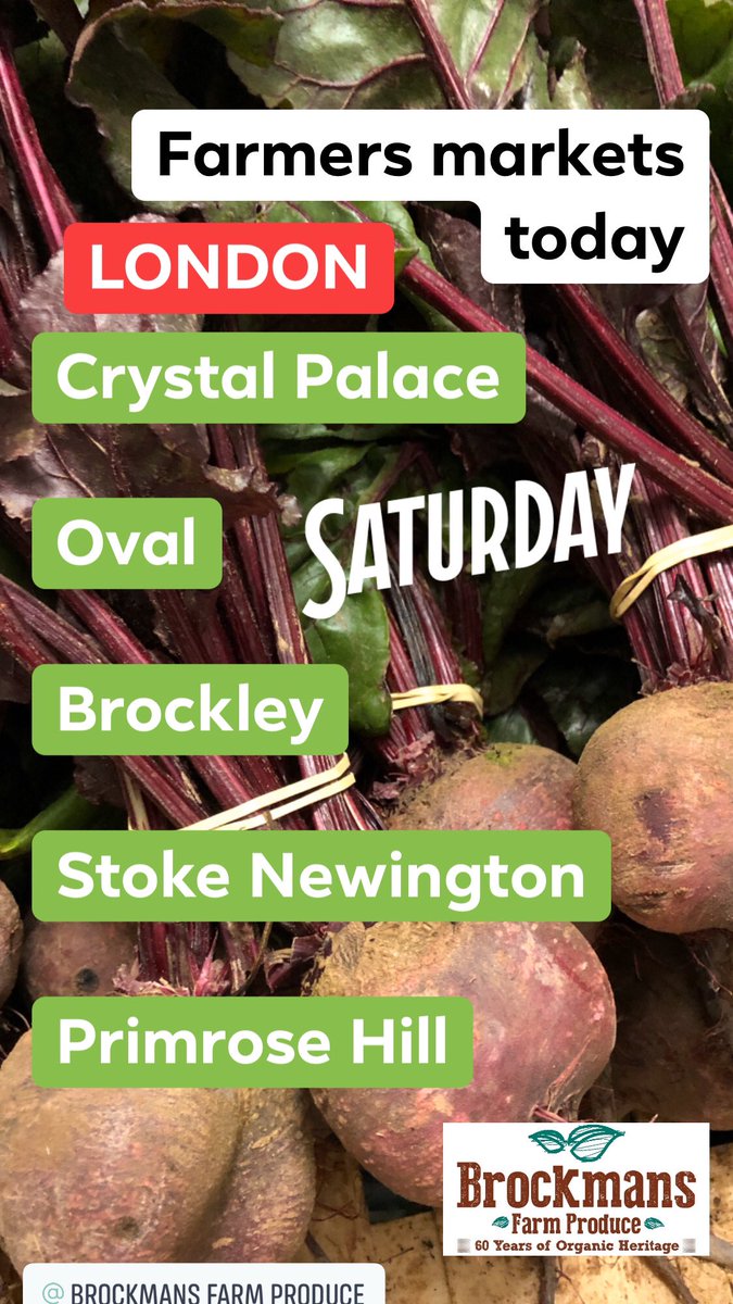 Farmers Markets in London Today!!!

Crystal Palace, Oval, Brockley, Stoke Newington, Primrose Hill 

Brockmans Farm Produce
60 Years of Organic Heritage.
Kents First Organic and Biodynamic Farm. Growing and Supplying  Specialist Organic Heritage and Wild Produce.
 #Kent #London