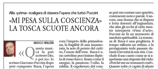 MarcoVoleri's tweet photo. «MI PESA SULLA COSCIENZA» LA TOSCA SCUOTE ANCORA - Oggi in edicola su @Avvenire_Nei  il mio editoriale a su #Tosca di Giacomo Puccini, in scena stasera alla prima del Teatro alla Scala. #primadellascala #puccini #Tosca #violenzasulledonne #paritadigenere @mvoleri https://t.co/KQcrcb8B73