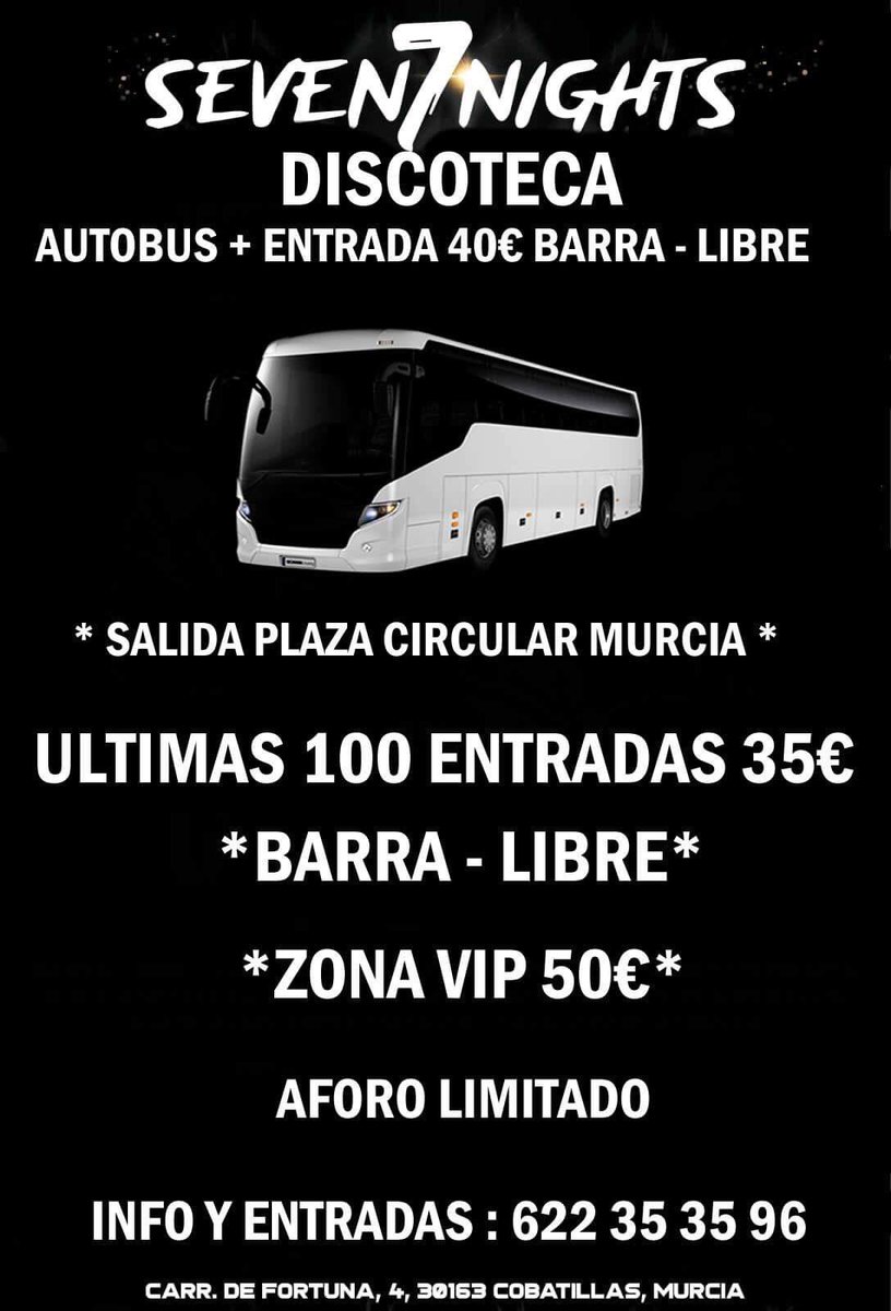 CacioBoatParty's tweet photo. 🚩ULTIMAS ENTRADAS À  35€ BARRA LIBRE 🚩 

🚍 40€ BARRA LIBRE CON CON AUTOBÚS IDA Y VUELTA, SALIDA DESDE  PLAZA CIRCULAR MURCIA 😱

🎄¿Dónde vais a pasar la nochevieja mejor  que en #DISCOTECA SEVEN NIGHTS 🎄

🛑Cualquier duda no dudéis en preguntármela.
Reservas: 678 22 48 87 https://t.co/CF9Vl0bopm