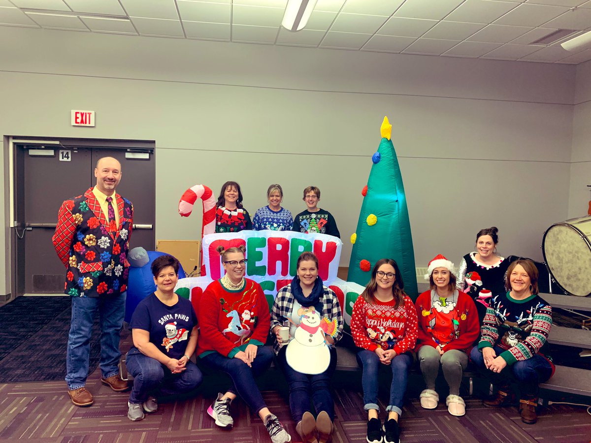 mslahti88's tweet photo. Things got ugly at Berthold Schools, as in ugly Christmas sweaters! The staff had a friendly competition at their get together to see who could best put their ugly on. It wasn’t all ugly. They also came for cookie decorating, hot chocolate &amp; cider, Christmas music &amp; conversation. https://t.co/kf5ABZLIJS