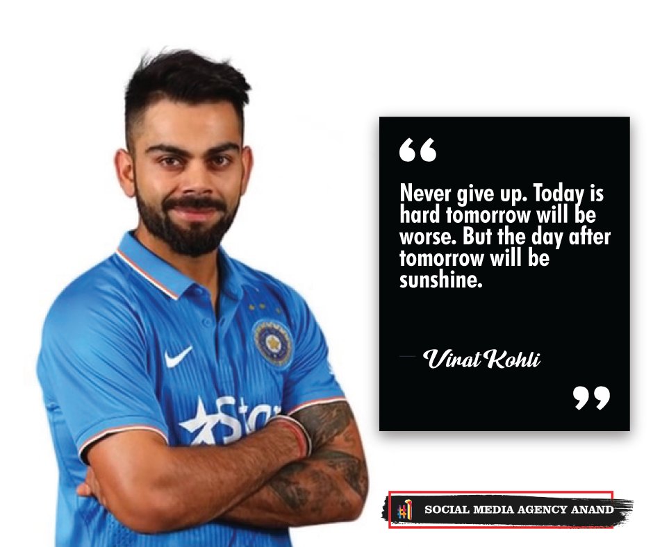 SMA_anand's tweet photo. "Never give up. Today is hard tomorrow will be worse. But the day after tomorrow will be sunshine." - Virat Kohli (Indian cricketer)
#viratkohli #virat #indiancricketer #captain #indian #cricket #india #switchkeysocial #socialmediaagencyanand #switchkeysolutions #anand https://t.co/4cxSexiD3V