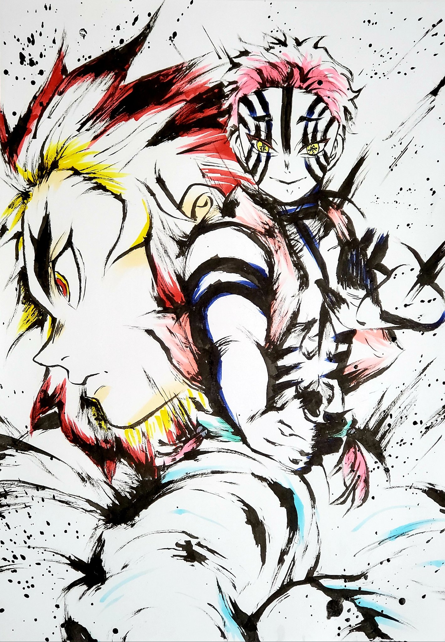 こバya4 鬼滅の刃 煉獄杏寿郎 猗窩座 墨絵で模写しました コピックで色もつけてみたよ 18巻感動しました 鬼滅の刃ってどんなに強いヤツでも辛い過去があるんですよね 鬼滅の刃 煉獄杏寿郎 猗窩座 模写 墨絵 コピック イラスト