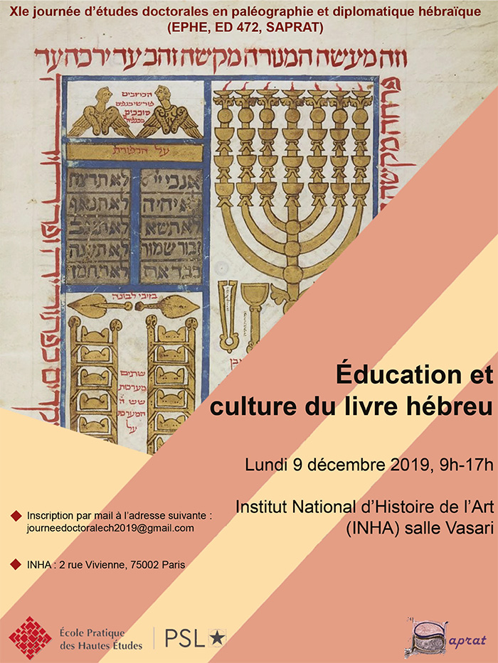 EPHE_PSL's tweet photo. [#AVosAgendas]
9 décembre, XIe journée d’études doctorales en paléographie et diplomatique de l’EPHE "Éducation et culture du livre hébreu"
Consultez le programme ici ➡️https://t.co/7rWZHuKJNo
#SAPRAT https://t.co/q07se95Ycq
