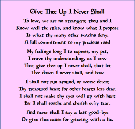 FionaSLPrice's tweet photo. Have decided to revive my Twitter feed with a flurry of sonnetised pop songs. Figured I should start with the classics. #Shakespearean #sonnet #rickroll #thesonnetiser https://t.co/fRHp8NQHXO