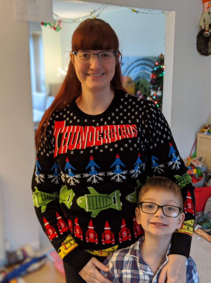k_b_shields's tweet photo. So, so happy with my new Christmas jumper. My boy is ridiculously jealous! 😂 @GerryAndersonTV @ImJamieAnderson #fabxmas #fabchristmas https://t.co/3A0dZNwgUW