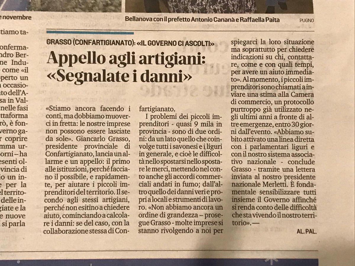 Sul <a href="/ilsecoloxix/">Il Secolo XIX</a> di oggi l'appello del nostro presidente <a href="/312_331/">giancarlo grasso</a> agli #artigiani e la linea di #sensibilizzazione al #governo <a href="/GiovanniToti/">Giovanni Toti</a> <a href="/benveduti/">Andrea Benveduti</a> <a href="/artigianiliguri/">Confartigianato LIG</a> #beconfartigianato