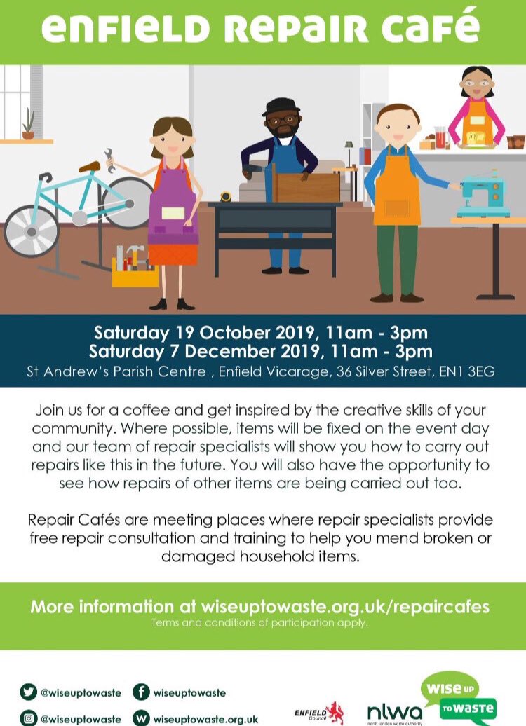 It’s our last clothes repair workshop of 2019. Join us today where we’ll be at @WiseUpToWaste Enfield Repair Cafe from 11am-4pm. <a href="/EnfieldCouncil/">Enfield Council</a>