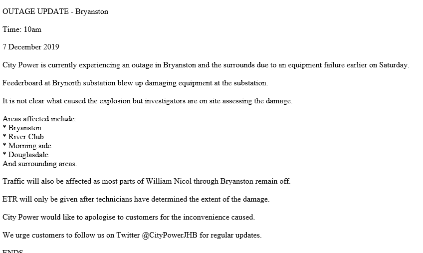 CityPowerJhb's tweet photo. #BrynorthOutage Our technicians are currently on site and ETR will only be given after technicians have determined the extent of the damage^GR https://t.co/5jPwiuzSV5