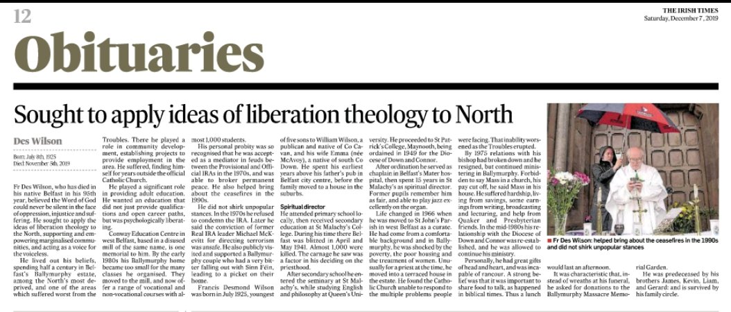 Irish Times obituary of Fr Des Wilson.