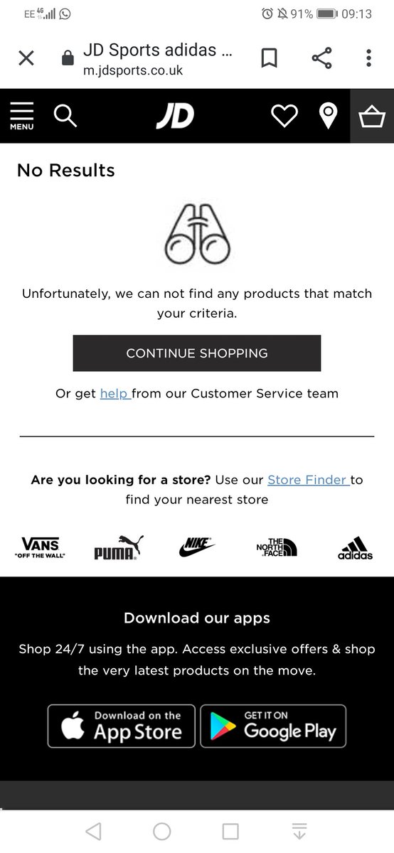 Ami5ha's tweet photo. @JDSports us there an issuse with your mobile web view, website? 
Everything I click shows no results https://t.co/fVIcg0cnGC