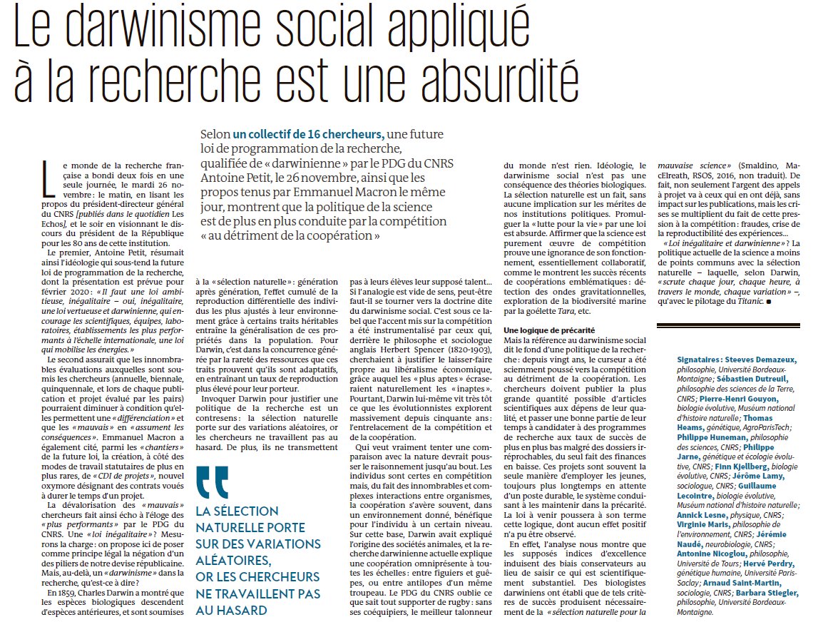 HuetSylvestre's tweet photo. #CNRS, #recherche, Un groupe de chercheurs publie dans @lemondefr  une analyse saignante de l'appel à une loi "darwinienne" pour la recherche lancée par Antoine Petit, le PDG du CNRS. https://t.co/IL4fvGyZ66