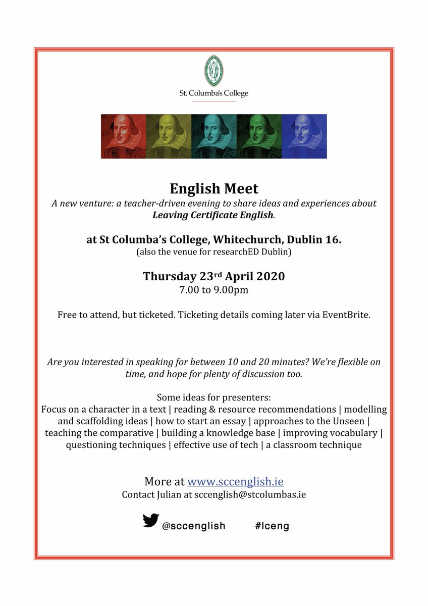 English teachers in/near Dublin: save the date-
Leaving Certificate 'English Meet' evening 23.4.2020 <a href="/sccdublin/">St Columba's College</a> (venue for <a href="/researchEDDub/">researchED Dublin</a>).

*We're looking for speakers!*
More, and contact: bit.ly/2sNezip

RTs appreciated. #edchatie