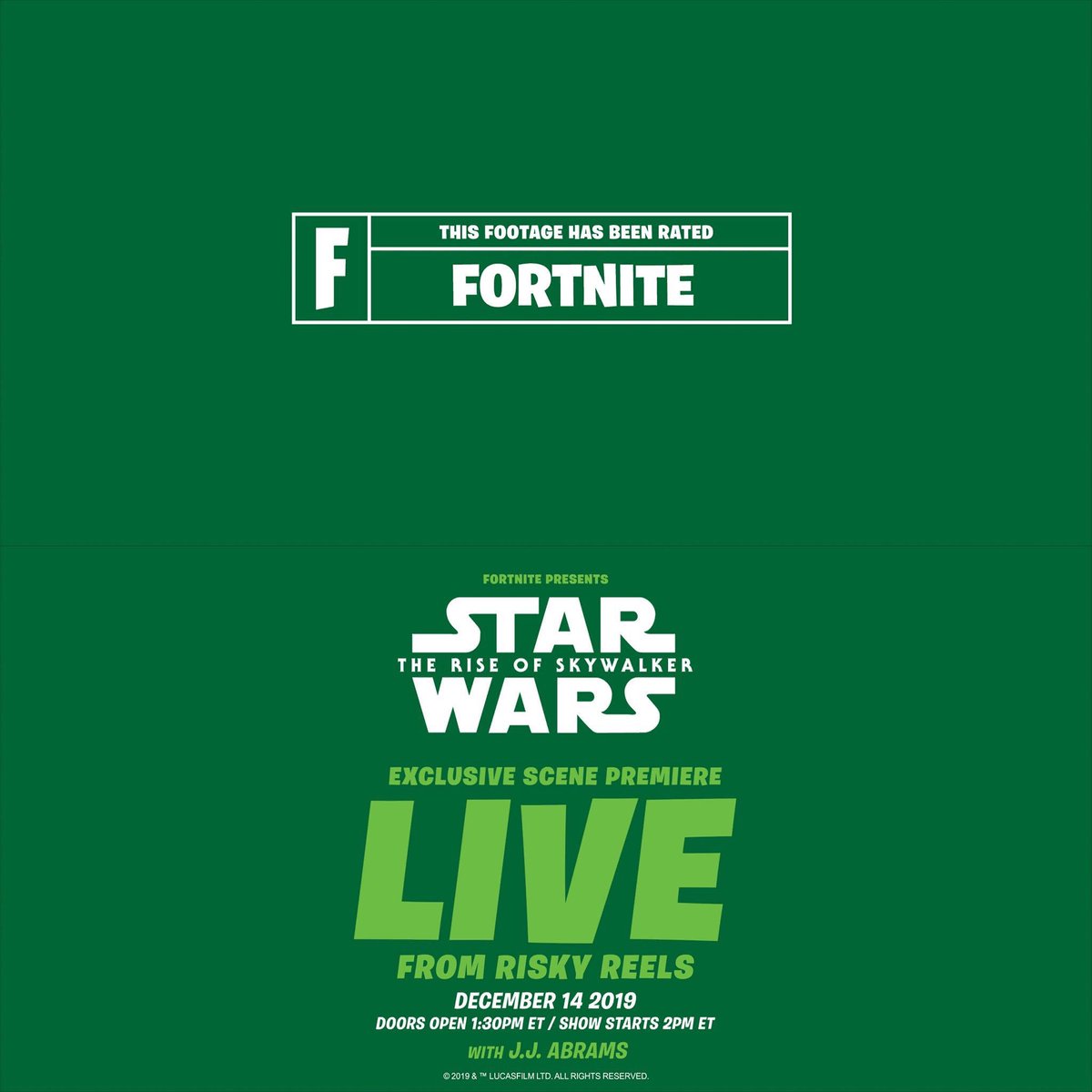 ItsGoGoGamer's tweet image. Star Wars teaser will be played at risky reels on December 14th at 2:00pm ET!!! #Fortnite #StarWarsTheRiseOfSkywalker
