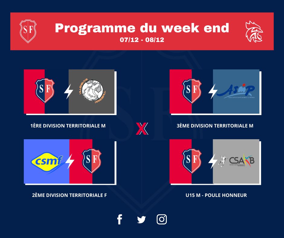 La programmation du week-end du 7 décembre et 8 décembre pour nos équipes du #StadeFrançais.

SF Senior M1 - Villeneuve le Roi Handball
SF Senior M2 - Association Saint Maurice du Perreux Handball 2
SF U15 - <a href="/csakbhand/">CSAKB Handball</a> 
Club Sportif Du Ministère des Finances 2 - SF Senior F1