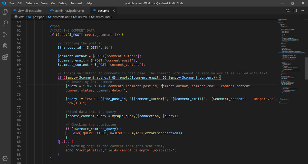 rajoyish's tweet photo. Day 37 of 365 | Adding validation to comments in the post page! #php #phpCMS #CodingPhase #365CodingPhaseChallenge https://t.co/gYfSJOHZ6x