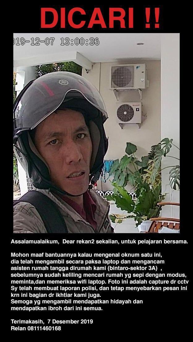 Tolong viralkan, kejadian dirumah sahabat saya Relan Masato 

Modusnya ngaku2 dari pihak teknisi salah satu perusahaan penyedia jaringan internet dan tv cable untuk memeriksa jaringan wifi didalam rumah. 

Hati-hati semuanya