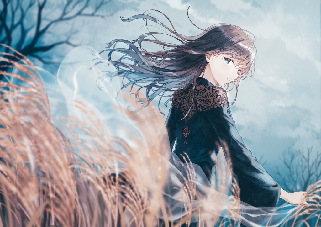 1girl solo outdoors long hair looking at viewer blurry foreground sky  illustration images