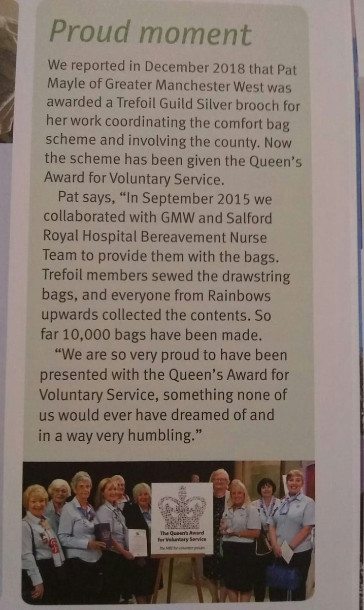 A fabulous project that originated in our county was awarded the Queen's Award for Voluntary Service has been featured in The Trefoil magazine this month. A great way to recognise the Trefoil members who supported the #ComfortBag scheme <a href="/pat_mayle/">Pat Mayle MBE</a> <a href="/Girlguiding_NWE/">Girlguiding North West England</a> @QueensAwardVS