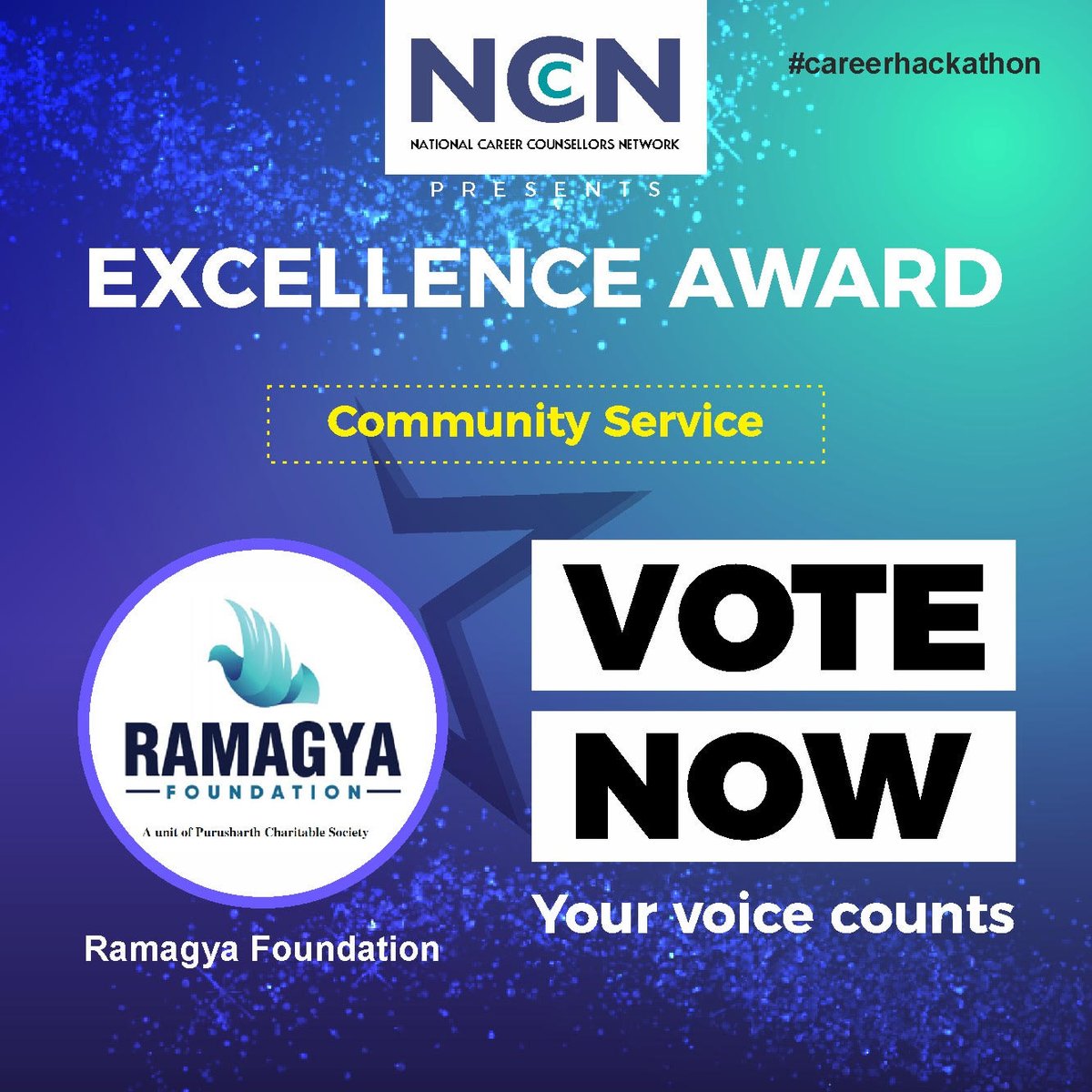 NCCN_CH's tweet photo. RAMAGYA FOUNDATION
****NCCN PRESENTS EXCELLENCE AWARD****
**COMMUNITY SERVICE**

YOUR VOTES COUNT!!!!Follow these steps:
#1 Follow @CHackathon19 on Twitter
#2 Like the picture to give your VOTE

Take your favorite closer to AWARD!!! VOTE NOW
#Careerhackathon #excellenceaward https://t.co/6k3xYoRu1r