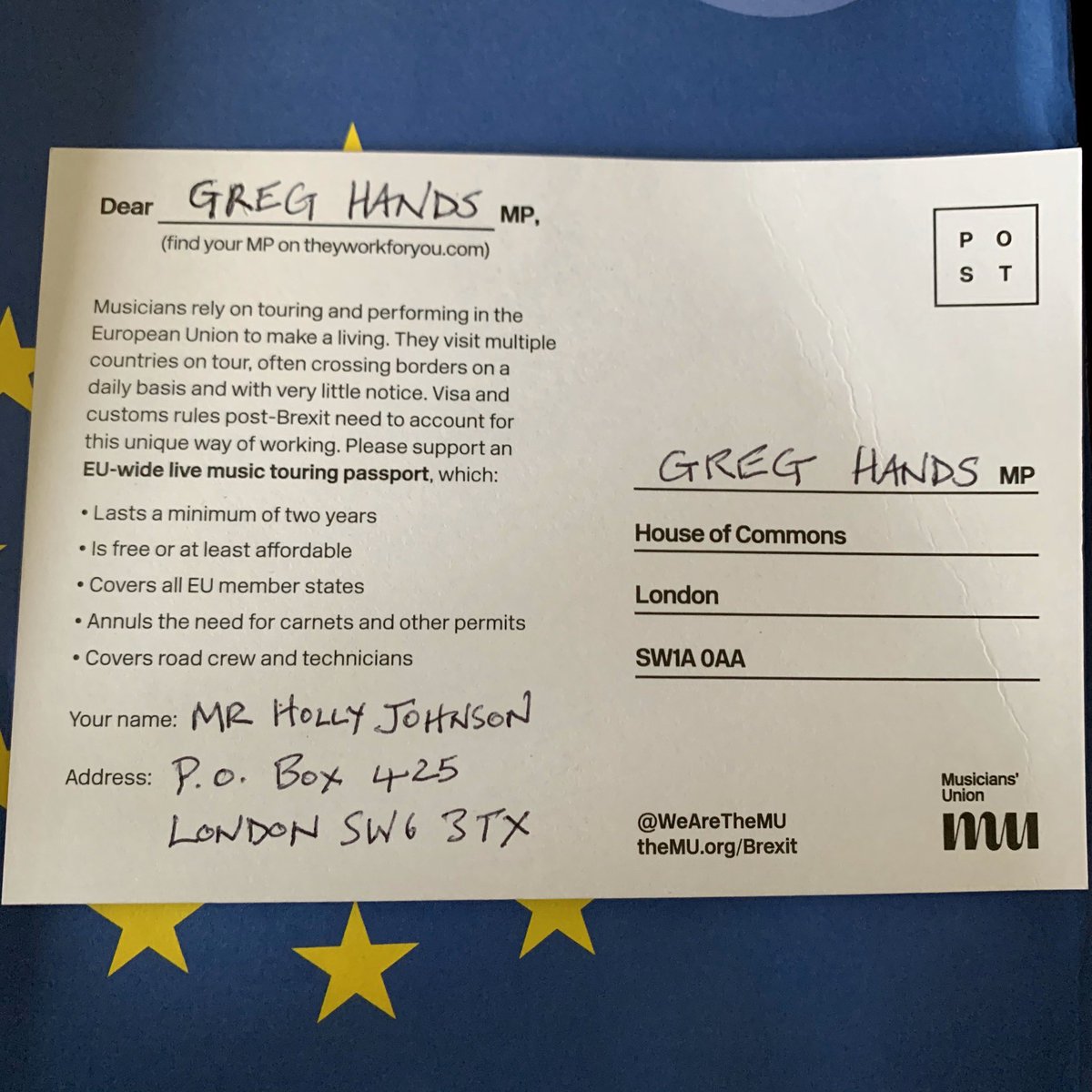 This can’t wait for the postal system <a href="/WeAreTheMU/">Musicians' Union</a> campaign to enable musicians to freely perform in the EU <a href="/GregHands/">Greg Hands</a>  #VoteAgainstBrexit
