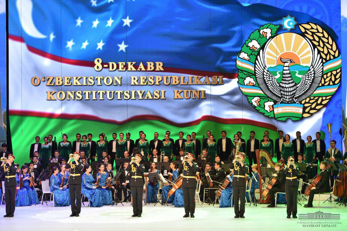 president_uz's tweet photo. The festive occasion in honor of the 27th anniversary of the Constitution of Uzbekistan has afforded everyone a great mood. The President's speech was followed by a colorful concert show with pop and opera singers, military bands, youth performances. https://t.co/cNswIV0gUF