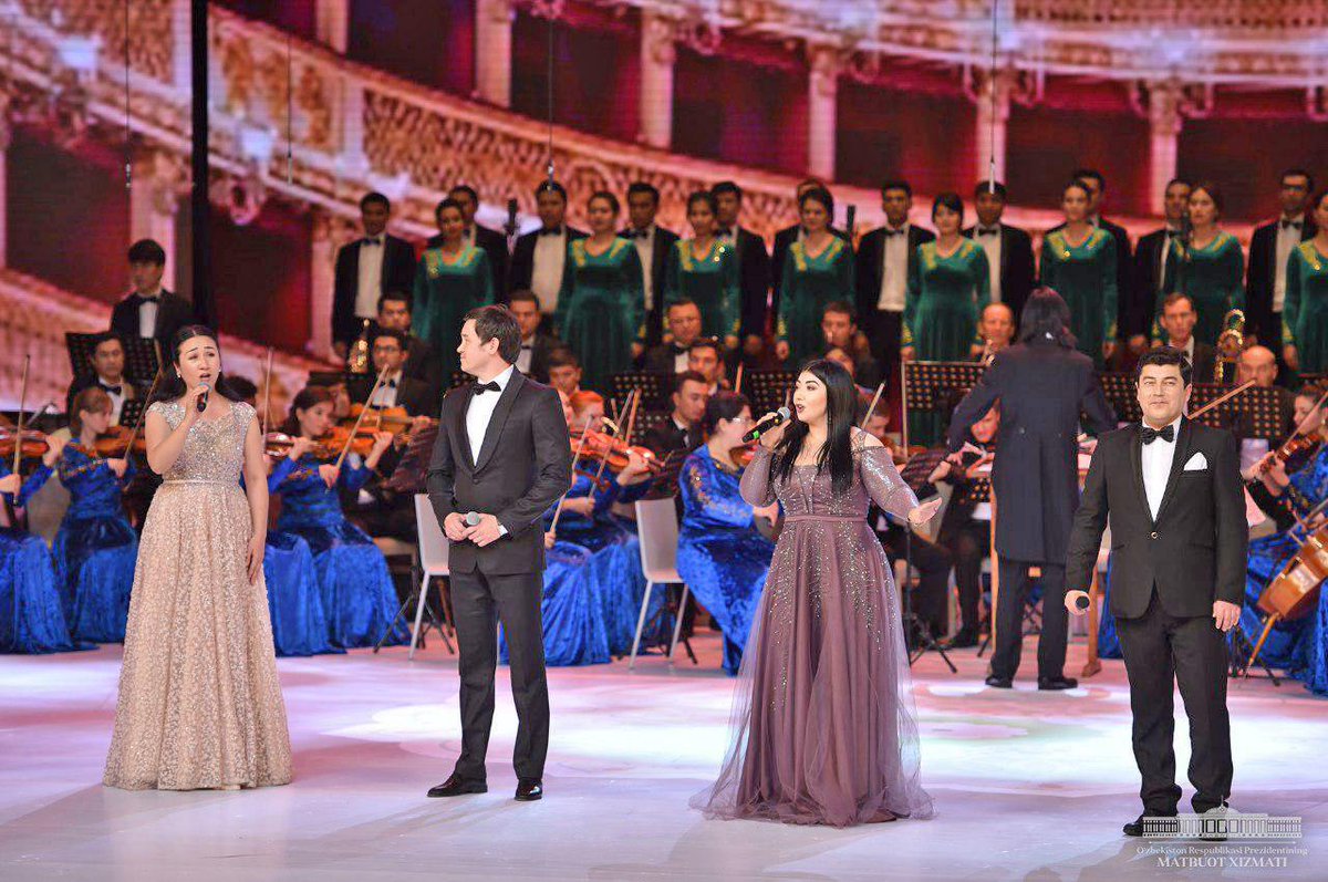 president_uz's tweet photo. The festive occasion in honor of the 27th anniversary of the Constitution of Uzbekistan has afforded everyone a great mood. The President's speech was followed by a colorful concert show with pop and opera singers, military bands, youth performances. https://t.co/cNswIV0gUF