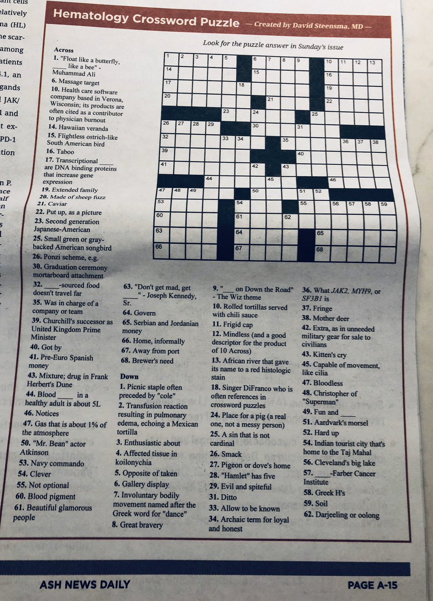 DavidSteensma's tweet photo. The hematology-themed #crosswordpuzzle returns for the 11th edition. (10-Across is just for you, @EPICEMRparody! 😀) #ASH19 @ASH_hematology Shout out to @Jenifer_one_N for giving this idea the green light back at #ASH09 in New Orleans. https://t.co/i65ADOhn0R