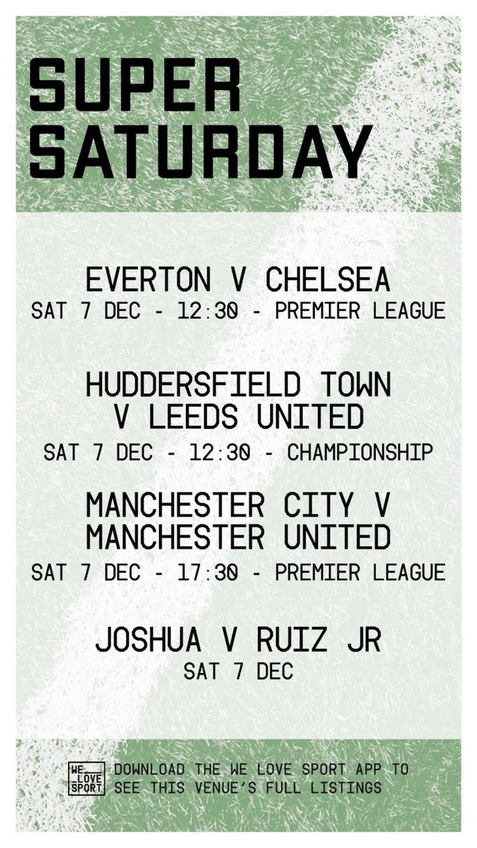 Super Saturday games! Get yourself down to Walkabout now to watch all the action live!! AJ V Ruiz Jr the rematch is TONIGHT! What’s your predictions? #football #AJRuiz2 #sports #PremierLeague #ChampionshipDecember