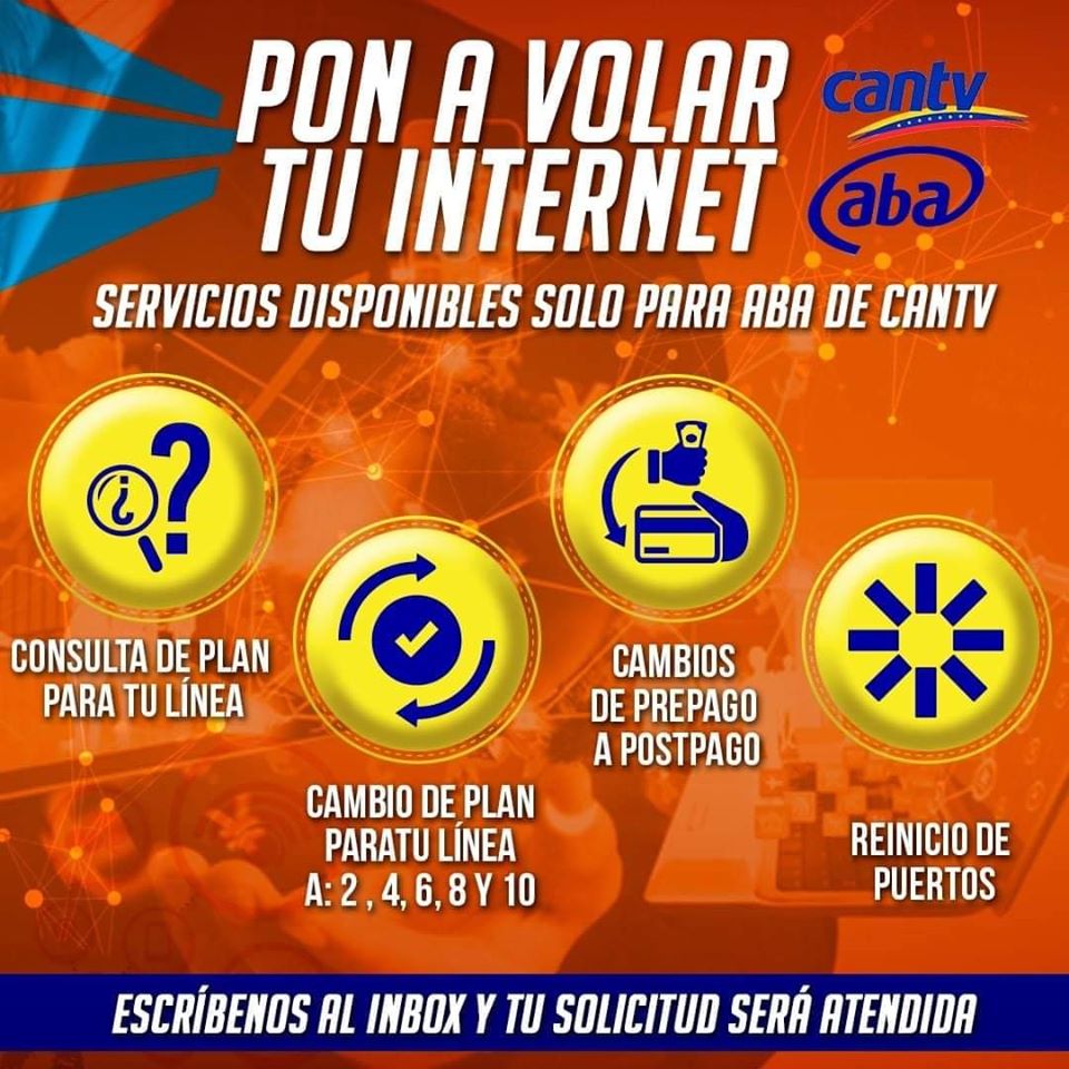 TheFuzzion's tweet photo. Aumento de #planes, #reset de #puertos para sincronizar #modem,#velocidad de #navegación,  activación o desactivacion de #Firewall y actualización de datos ABA #CANTVABA #ABA #CANTV escribir al privado. #BANDAANCHA #1MB #10MB  #CantvEnMarcha #PetroAguinaldo #7Dic #FelizSabado https://t.co/wOICFNulHz