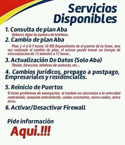 TheFuzzion's tweet photo. Aumento de #planes, #reset de #puertos para sincronizar #modem,#velocidad de #navegación,  activación o desactivacion de #Firewall y actualización de datos ABA #CANTVABA #ABA #CANTV escribir al privado. #BANDAANCHA #1MB #10MB  #CantvEnMarcha #PetroAguinaldo #7Dic #FelizSabado https://t.co/wOICFNulHz