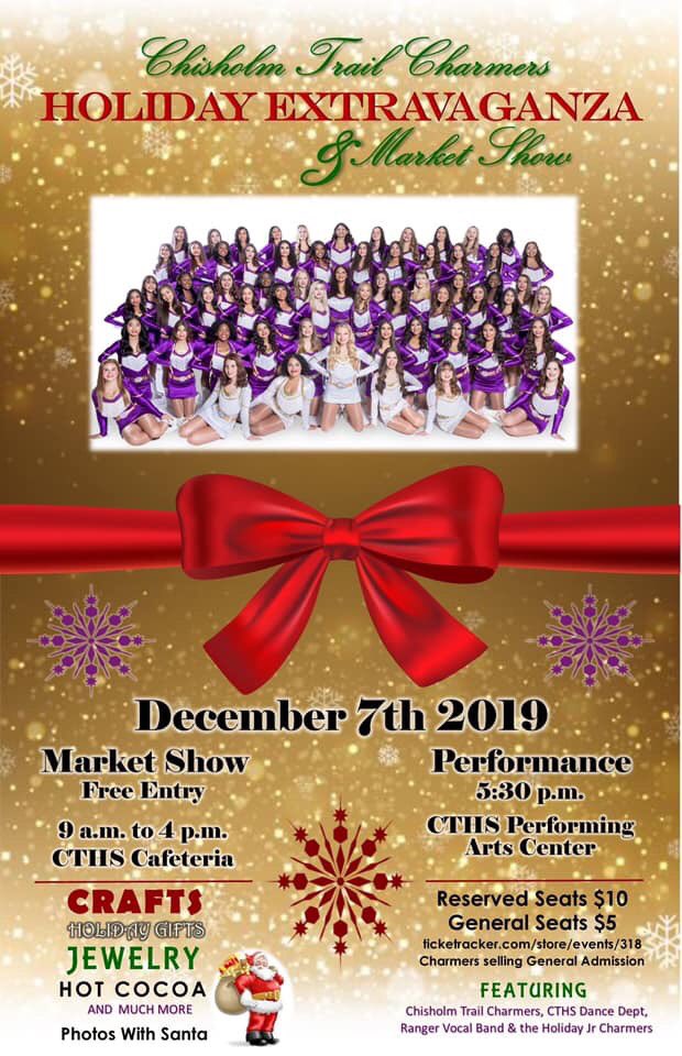 Good morning Charmer fans! Today is the day! Chisholm Trail Charmers present their Holiday Extravaganza and Market Show! Come on out and join the fun! Market show entry fee is 1 canned food per person, and the Holiday Extravaganza Dance Show is $5! Can’t wait to see you there!