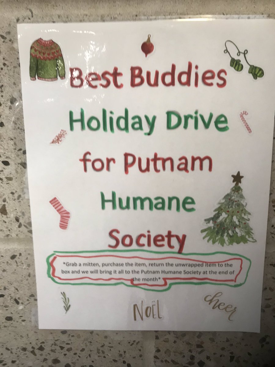 CHS Best Buddies are collecting needed items for the Putnam Humane Society. Grab a mitten from our “giving wreaths” outside of Mr. Valesey’s office and put items in the box! Thanks for your help! #holidaygiving #carmel6Cs 
<a href="/chsinfo/">Carmel High School</a> @Carmelschools