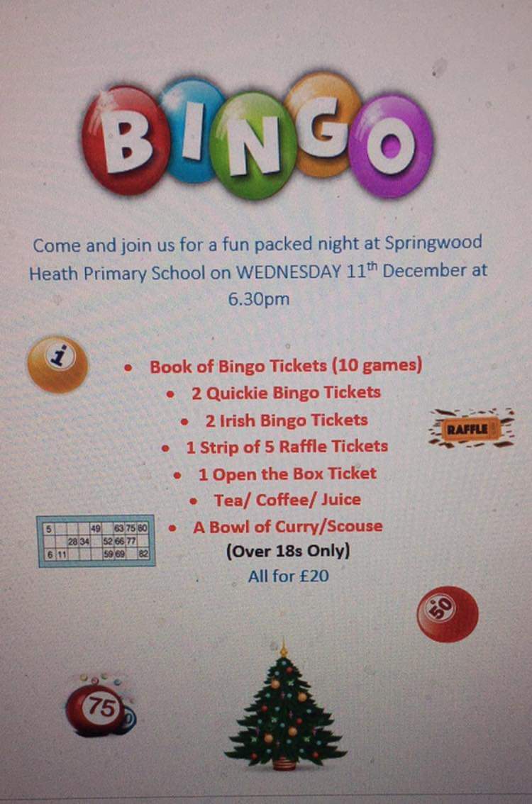 Love BINGO? Come and join us for our Christmas bingo special on the 11th  <a href="/springwoodyear1/">Year 1</a> <a href="/springwoodyear2/">Year 2</a> <a href="/springwoodyear3/">Year 3</a> <a href="/springwoodyear4/">Year 4</a> <a href="/springwoodyear5/">Year 5</a> <a href="/springwoodyear6/">Year 6</a> <a href="/springwood_hub/">Springwood Hub</a> <a href="/springwoodfs/">Reception</a> @Springwoodht <a href="/springwoodheath/">Springwood Heath</a> <a href="/OutreachSH/">Springwood Heath Outreach Team</a> <a href="/springwood_r/">Reception</a> <a href="/nursery_spring/">SpringwoodNursery</a>