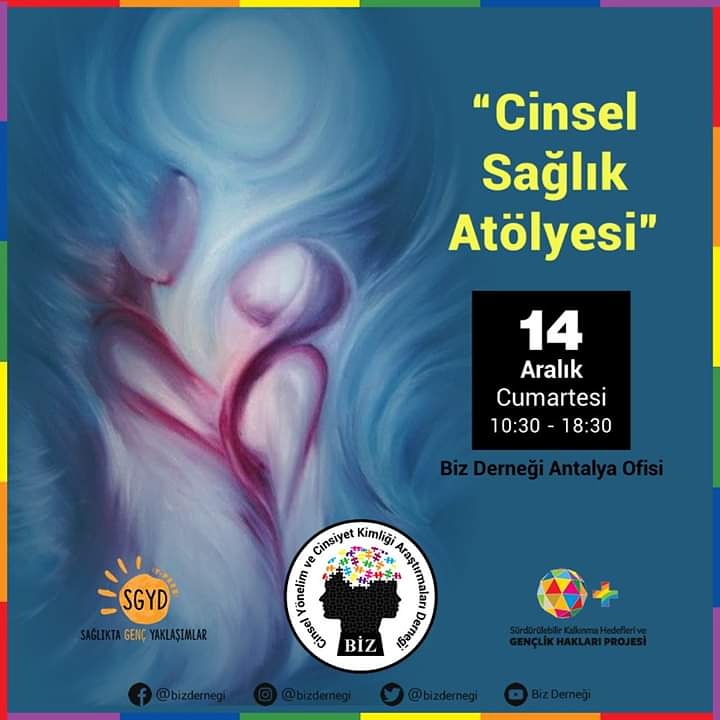 📚 Cinsel Sağlık Atölyesi
📍 Biz Derneği Antalya Ofisi
📅 14 Aralık Cumartesi 10:30 - 18:30

#bizdernegi #antalya #lgbttr #lgbtturkey #lgbttürkiye #lgbtturkiye #lgbtantalya #lgbt #lgbti #atölye #cinselsaglik #ucretsiz