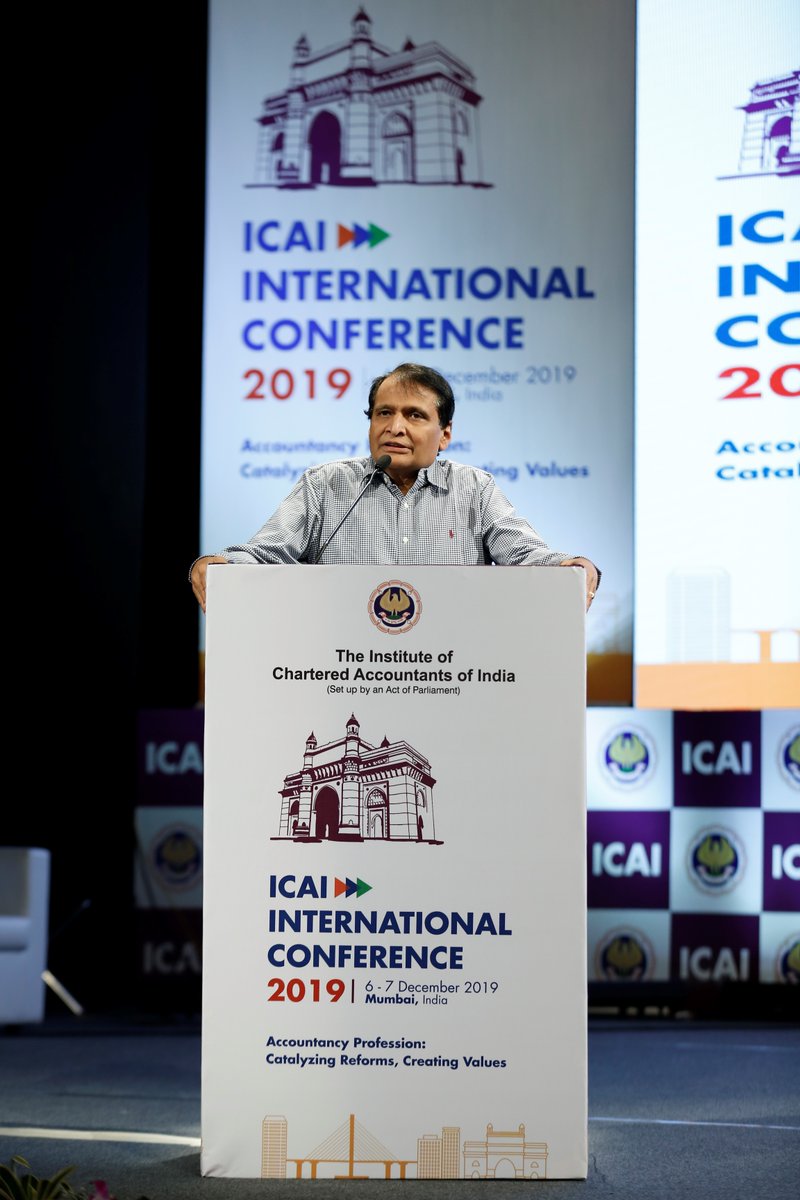 theicai's tweet image. Hon’ble MP Shri @sureshpprabhu ji guided the roadmap for India's Growth Story: Towards USD 5 Trillion Economy and Achieving SDG. Accountancy Profession is enabling partner in all initiatives of the government and committed to provide all necessary support. #IntConICAI19 #ic2019