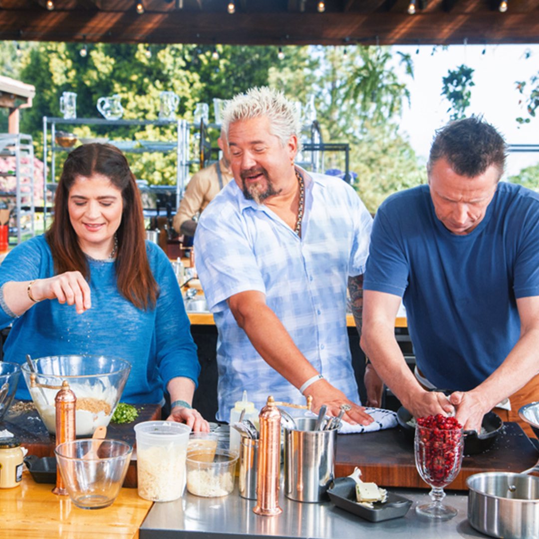 GuyFieri's tweet photo. What time is it? 🤔 #RanchKitchen time! Change the channel to @FoodNetwork RIGHT NOW and watch @guarnaschelli @chefmarcmurphy and I chop it up at the ranch 🔥 https://t.co/wwWstEUksX