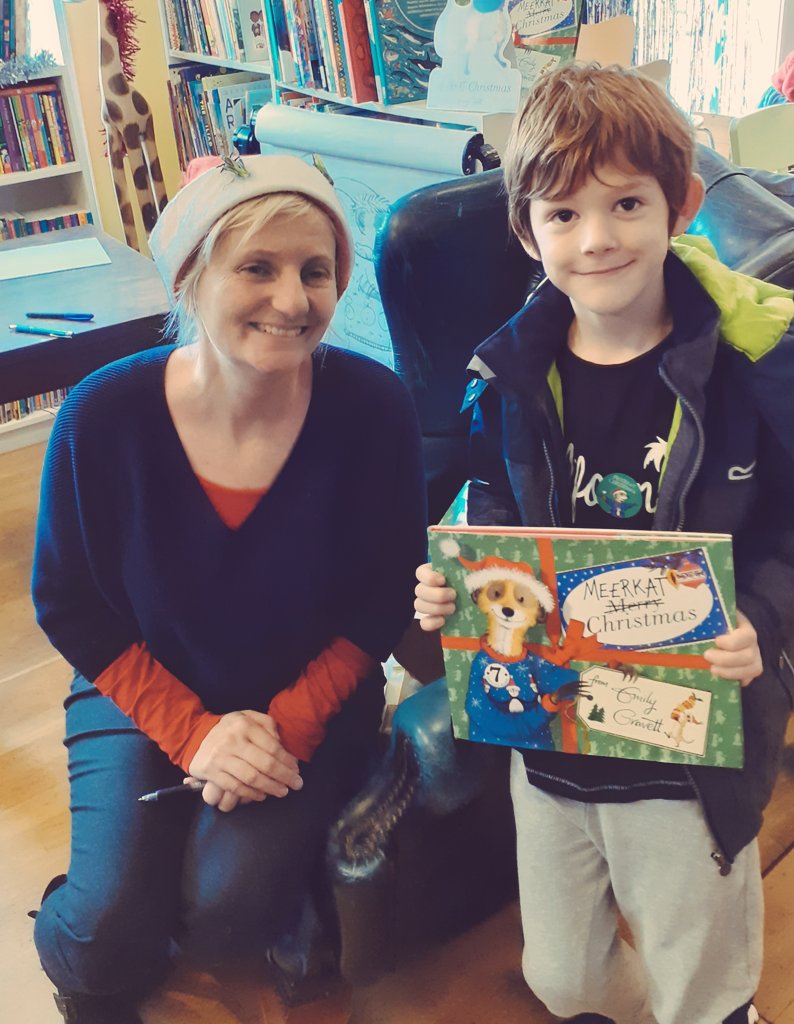 A very happy boy who got to meet the brilliant #EmilyGravett @booknookhove. He loved learning how to draw Sunny and hearing the new Christmas book being read.