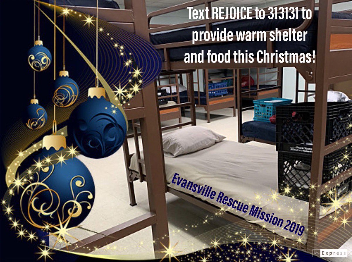 Help us help our neighbors who need a hot meal and warm shelter this Christmas season. Text REJOICE to 313131 for more information and to donate securely. Thanks!!! <a href="/EvansvilleRM/">EVV Rescue Mission</a> 

Tracy L. Gorman
President / CEO

EvansvilleRescueMission.org