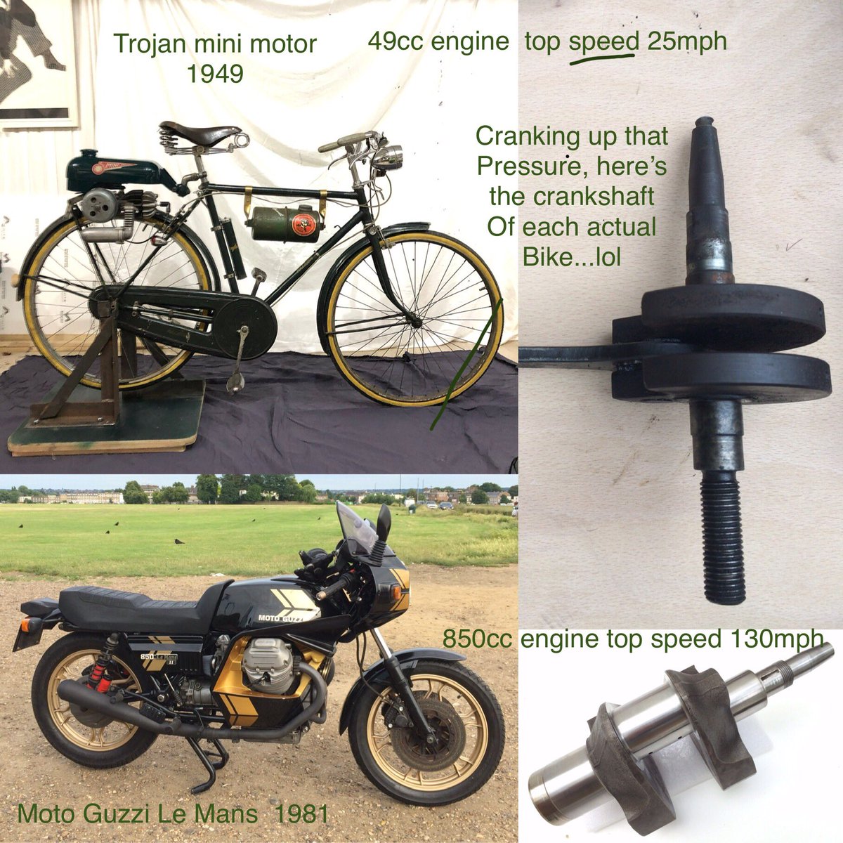 DavidB32772856's tweet photo. Moto Guzzi Le Mans mk2 & Trojan mini motor mk1 with there respective crankshafts out....very different forms of transport of the 2 wheel variety.
Love me both!
#trojan #Trojan mini motor #2 stroke engine #cylcemotor #cyclemaster #motoguzzi #motoguzzilemans #2wheel adventure https://t.co/sQVHgSpH6F