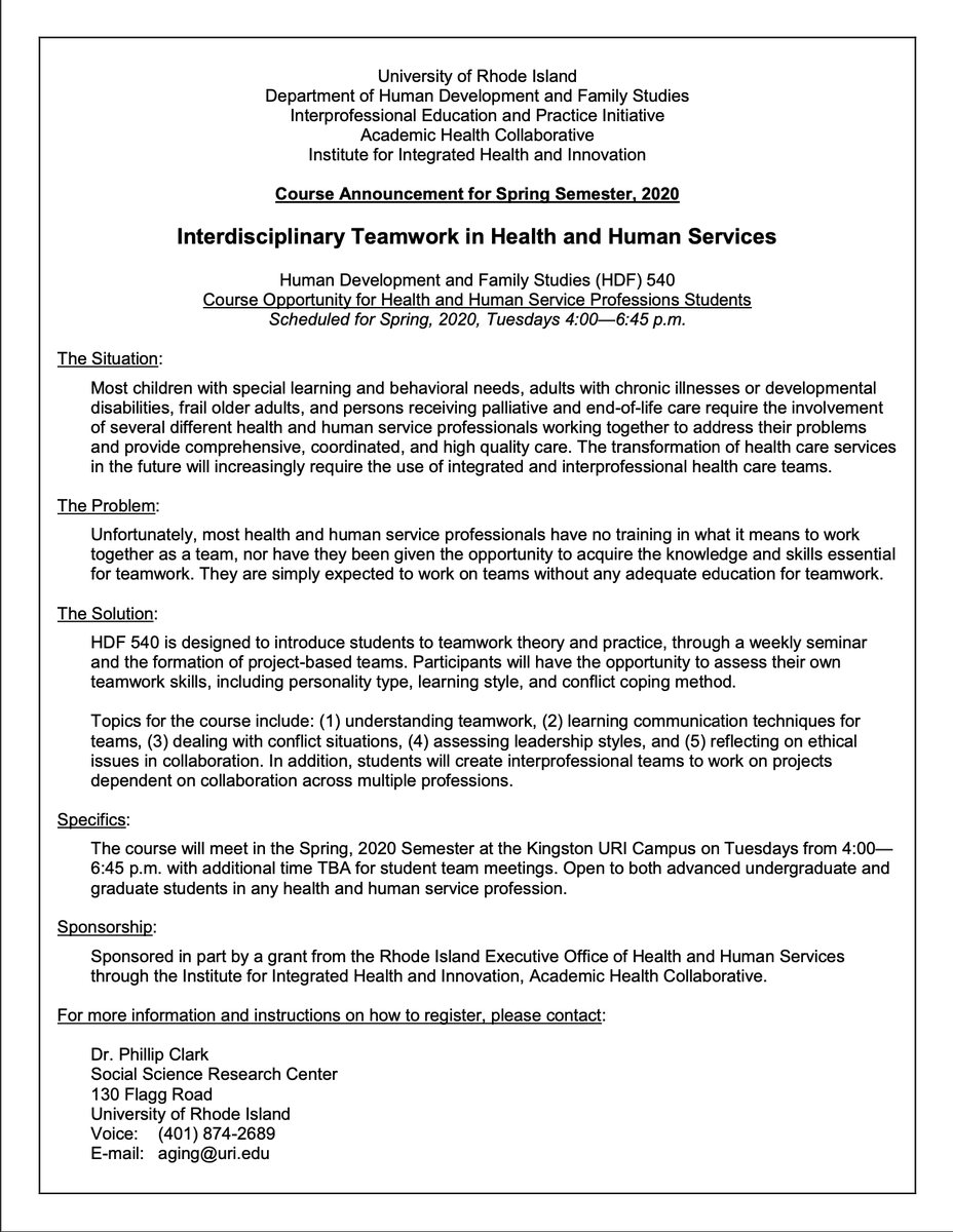 IpeUri's tweet photo. Looking for a class this spring around IPE? Register for HDF540: Interdisciplinary Teamwork in Health and Human Services. Course is open to both upper-level undergraduate and graduate students. See flyer below for more details! @URI_Pharmacy @URI_DPT @URI_Nursing @URIHealthSci https://t.co/E7TVKs7Vx5