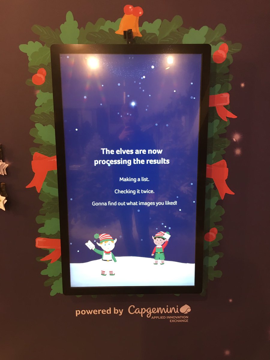 JamesWhitehea13's tweet photo. Lovely work @CapgeminiAIE @Capgemini @sanjay_nand and team. Brilliant initiative, and the facial recognition / emotion detector worked - it recommended  I buy a gift for a child based on my reaction. Easiest gift I’ll buy this year :) https://t.co/C0ZpjL7WHV