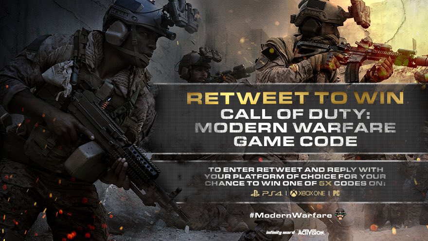 MarleyThirteen's tweet image. FOLKS! I’m giving away 5 copies of #ModernWarfare! 👀

To enter:

1. Retweet this tweet
2. Follow me
3. Reply with your chosen platform: PS4/Xbox/PC

Winners will be randomly chosen in a few days time so get yourselves entered and good luck! 🤞🏻