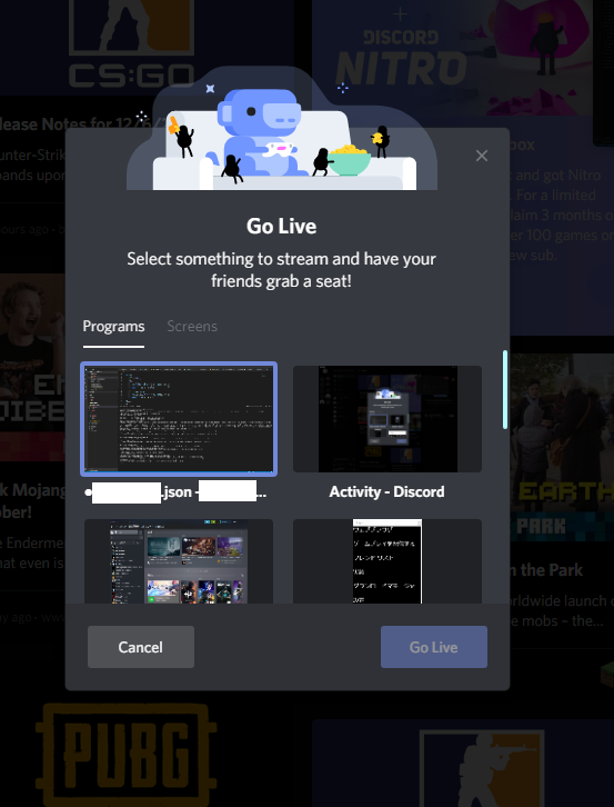 にあ Auf Twitter Discordでデスクトップ全体をgoliveで写せる様になっててうれしいウィンドウごとに指定できるし作業通話とかが捗る的なやつ なお使用できるのは当初の画面共有サーバーと同じく一定の確率で選ばれたサーバー Discordがcanary版であること