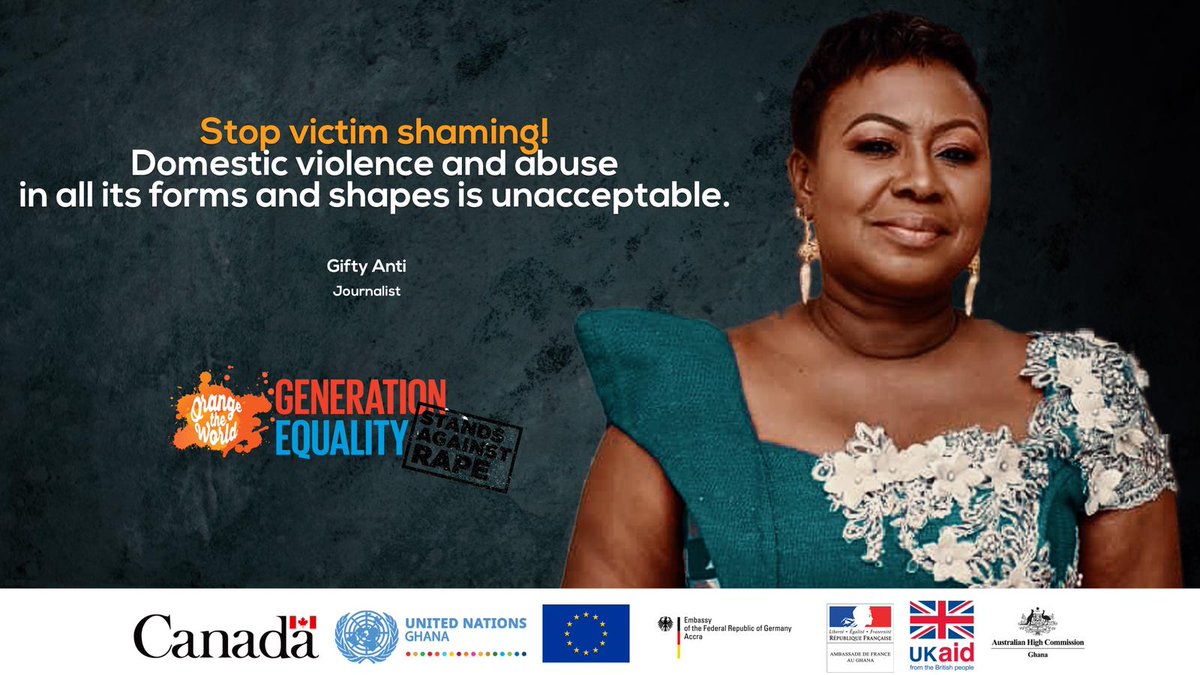 FranceandGhana's tweet photo. DAY #13 of the #16Days of activism against gender-based violence in 🇬🇭 

TV Presenter and gender activist Gifty Anti @thestandpointgh adds her powerful words to the campaign: SPEAK OUT AGAINST #GBV &amp; STOP victim shaming. #orangetheworld https://t.co/LzyuoAKkXp