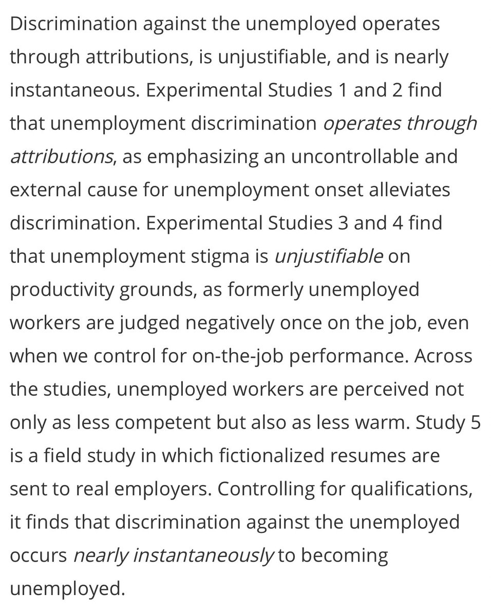 MonicaBruin's tweet photo. New research shows that the #unemployed face discrimination and stigma in paper by @PNorlander @MargaretShih et al, https://t.co/RudDaYhlYS via @tandfonline #socialpsychology #discrimination #jobism #jobdiscriminiation #HR #HRpractices #employable #employment https://t.co/VkoanC5n9J