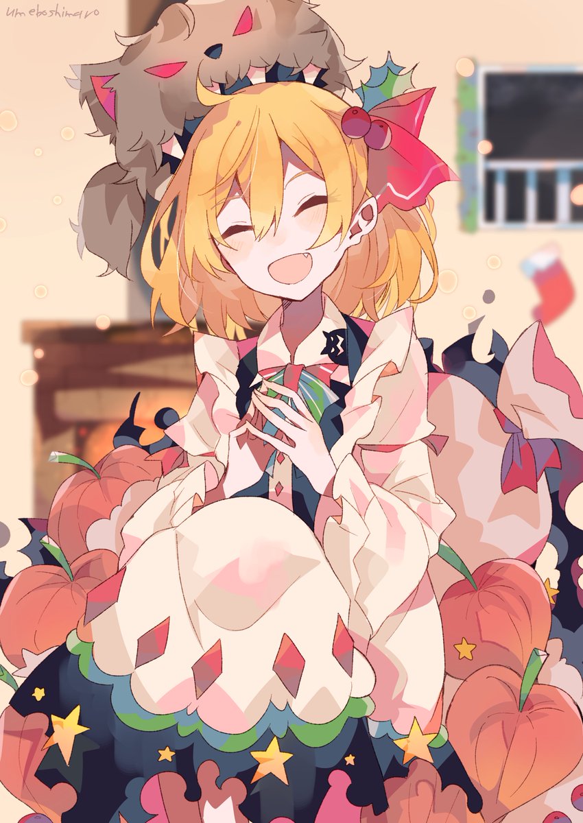 rumia 1girl blonde hair closed eyes open mouth smile long sleeves solo  illustration images